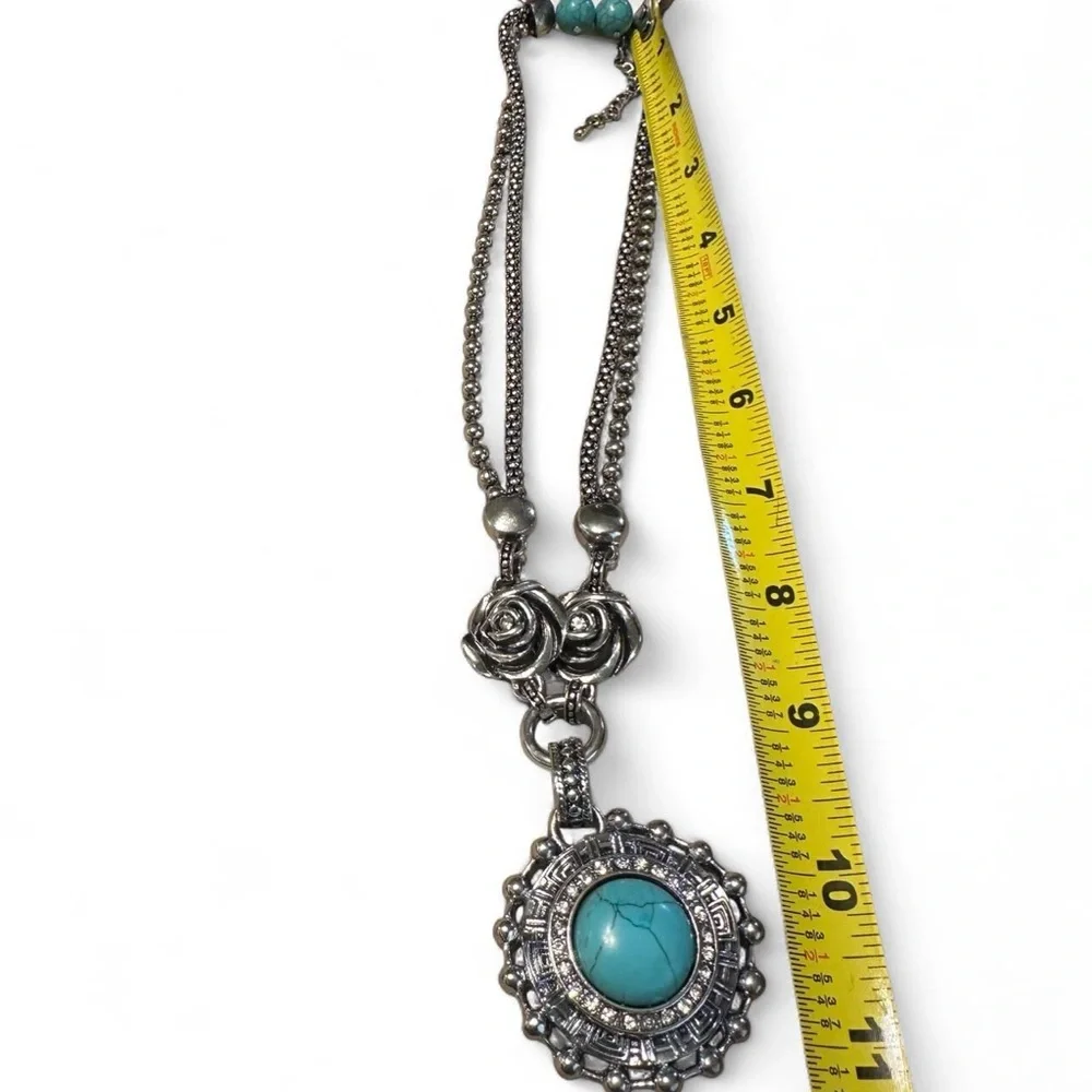 NWT Rose & Turquoise Silver-Tone Necklace with Matching Earrings — NWT, ~9″ - Picture 5 of 5